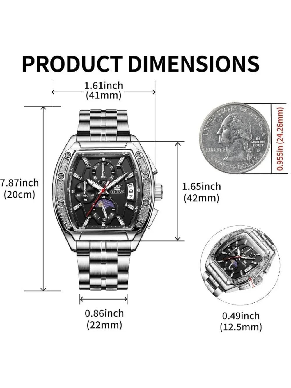Men's Silver Chronograph Rectangle Stainless Steel Luminous Quartz Classic Watch